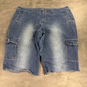 Carolina Blues Cargo Shorts Womens 28W Blue Stretch Denim Raw Hem Y2K Utility
